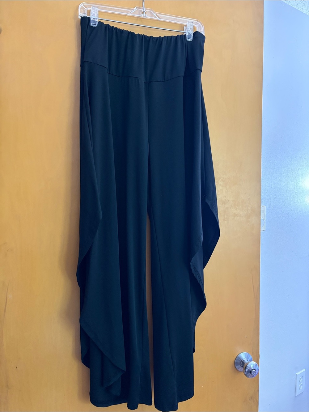 Wide Leg Draped Black Women's Pants with Elastic Waist
